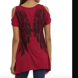 Burgundy Shirt w/Black Wings Cold Shoulder